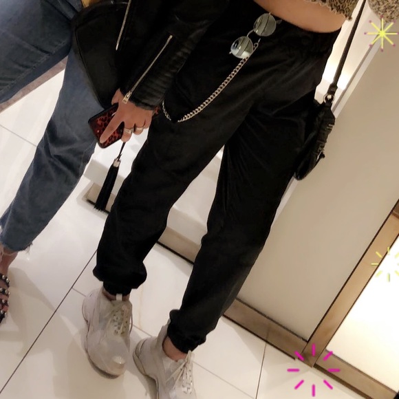 High Waisted Black Satin Joggers with Chain - Picture 2 of 5